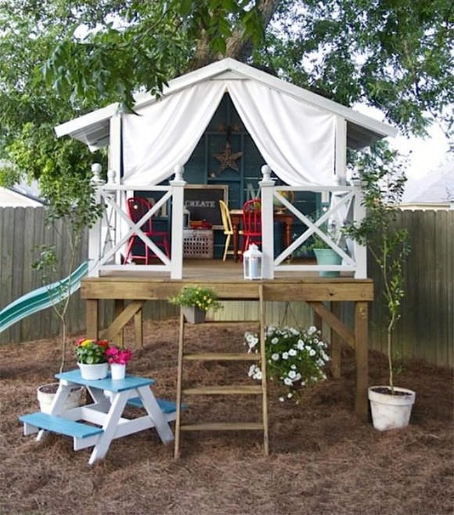 Elevated Wooden Playhouse Red Interior