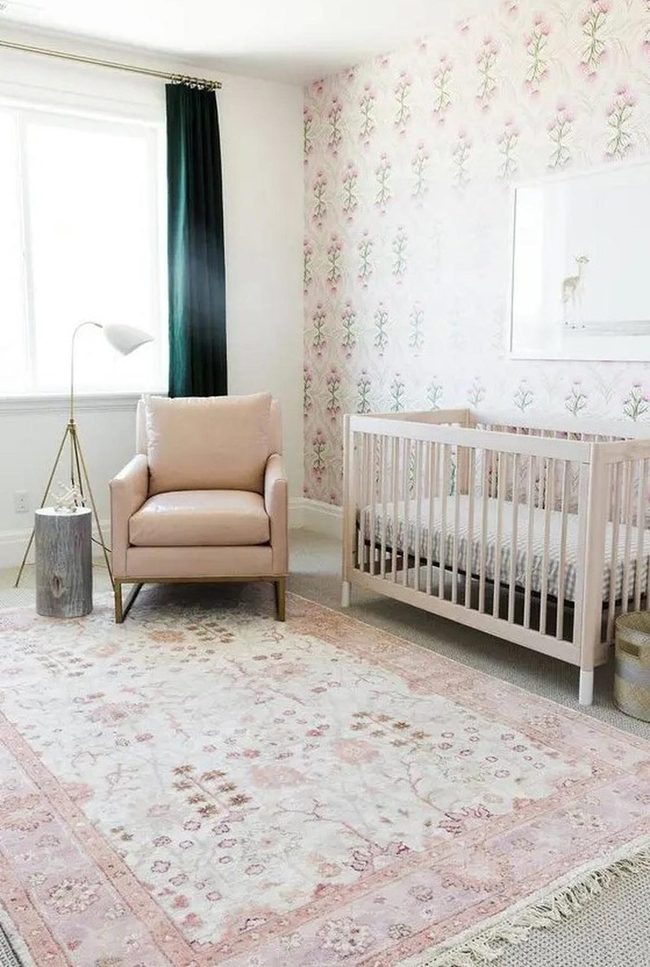 Pink Floral Nursery With Cream Patterned Rug