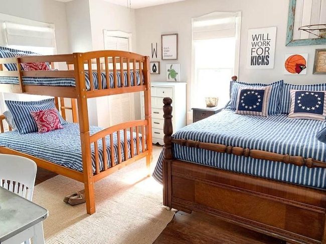 Blue Striped Bunk Beds Red Accents