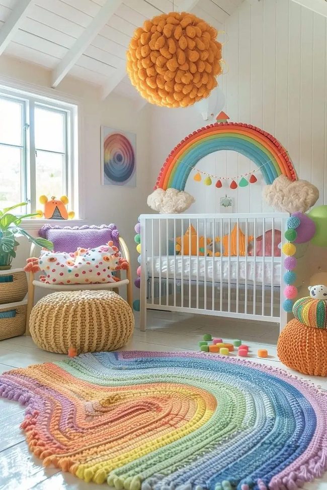 Rainbow Nursery With Fluffy Clouds