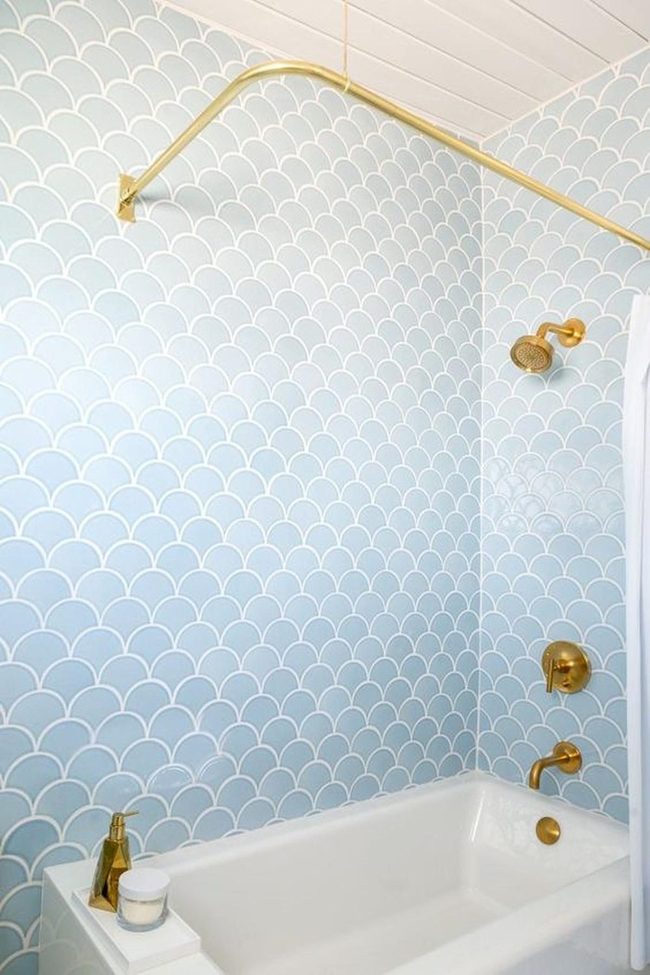 Blue Scallop Tiles With Gold Fixtures