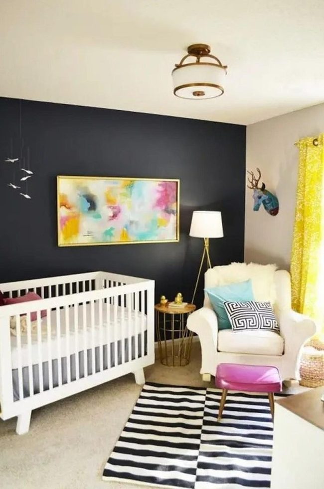 Sunlit Yellow Nursery With Navy Walls
