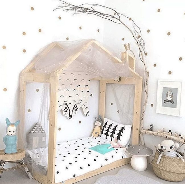 Wood House Bed Gold Polka