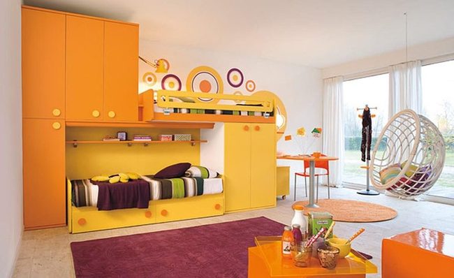 Yellow Orange Kids Room With Round Rug