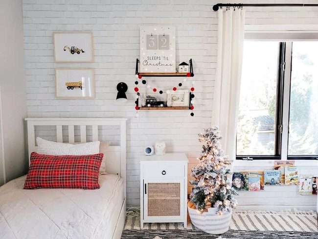 White Shiplap Nursery with Red Plaid Touches