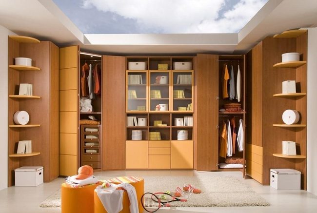 Wooden Cabinets, Yellow Shelves, Orange Energy