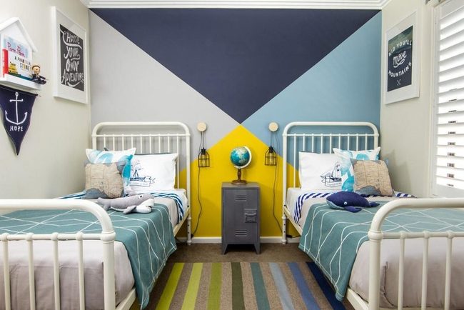Twin Beds, Bold Geometry, Blue