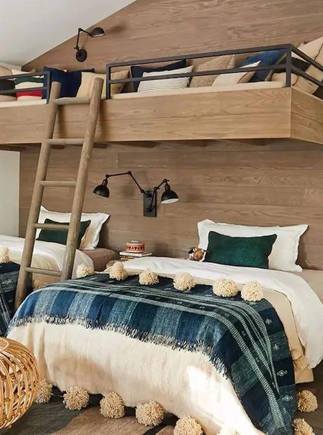 Green Pillows, Plaid Blankets, Wood Walls