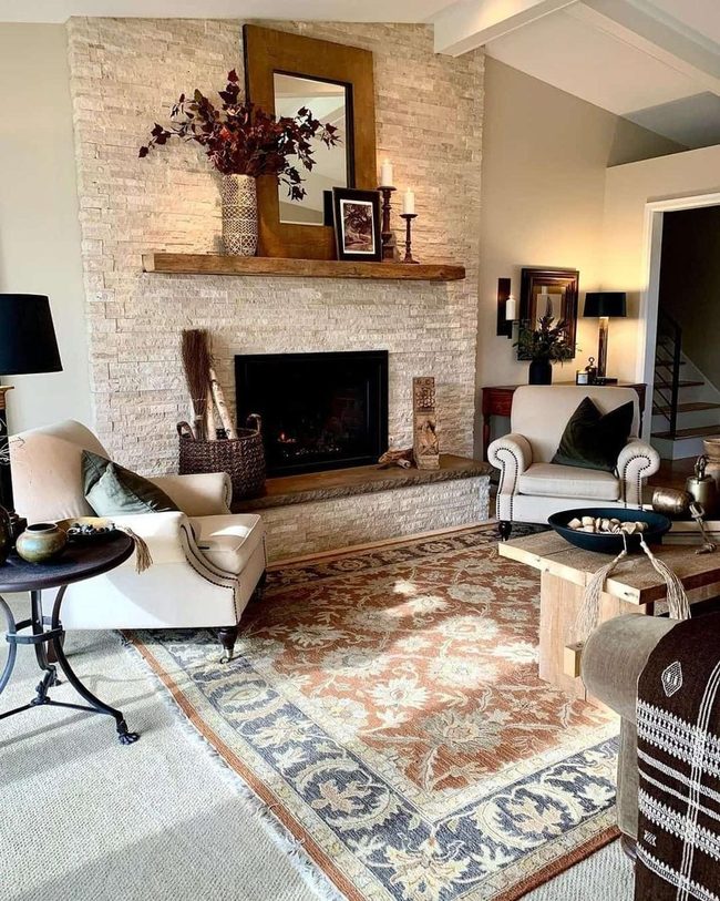 Warm Rug, Stone Fireplace Setup