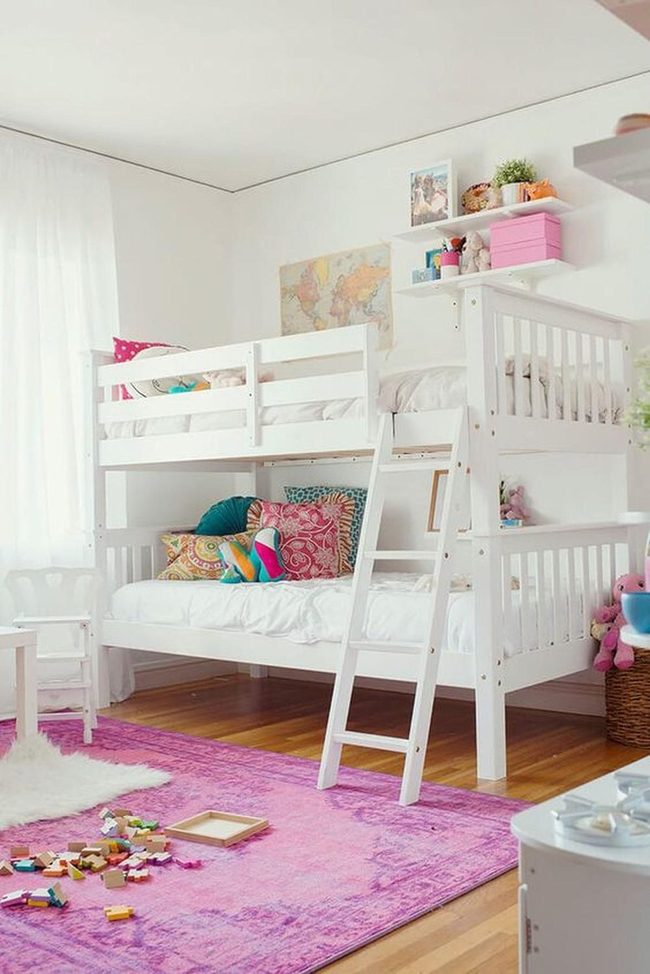 White Bunk Beds, Rainbow Pillows