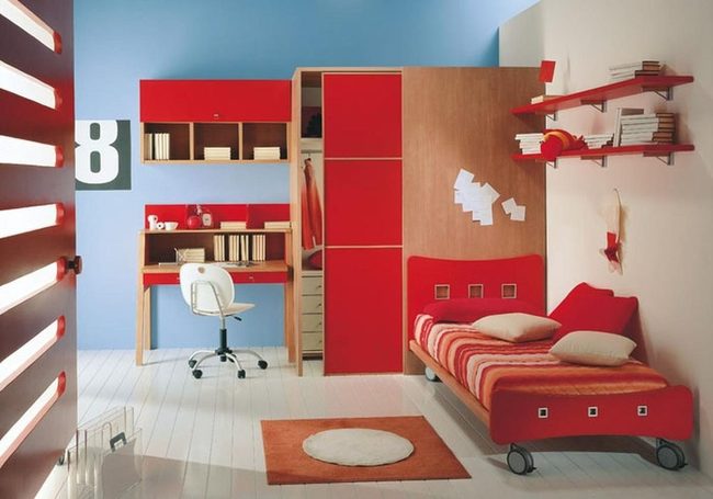 Red Bedroom, Blue Walls, Wood Floors