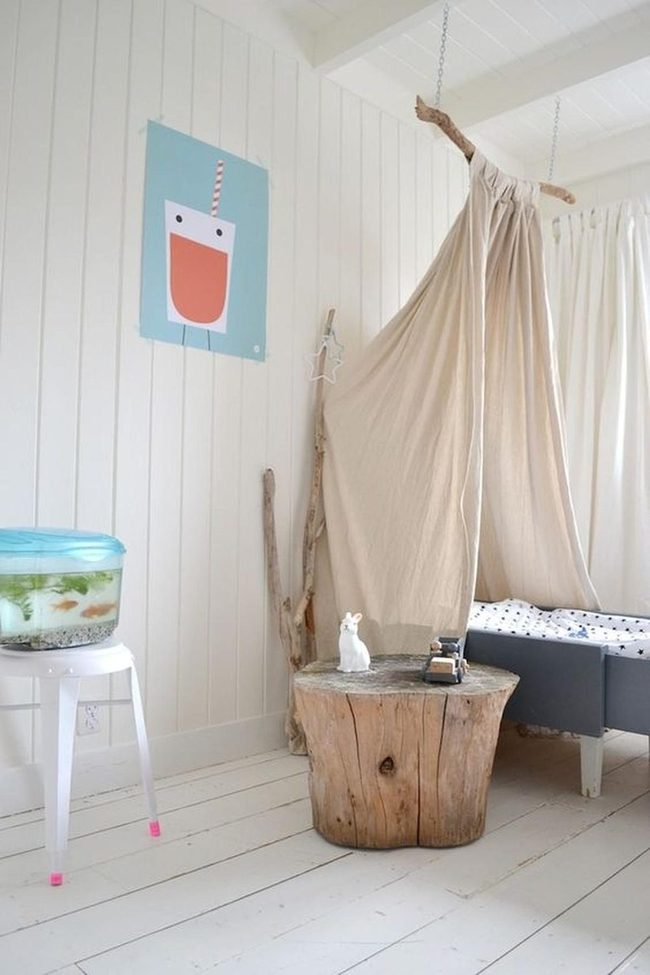 White Wooden Bedroom With Tree Stump Character