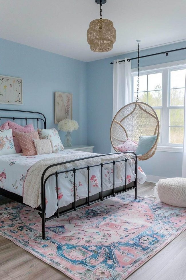 Pastel Blue Walls With Floral Bedding