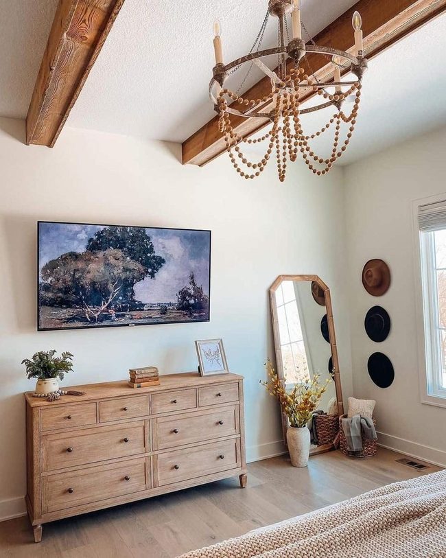 Wooden Beams, Crystal Chandelier Bedroom