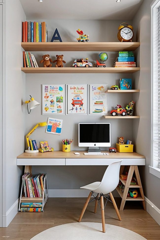 Wall-Mounted Desk And Shelves Solution