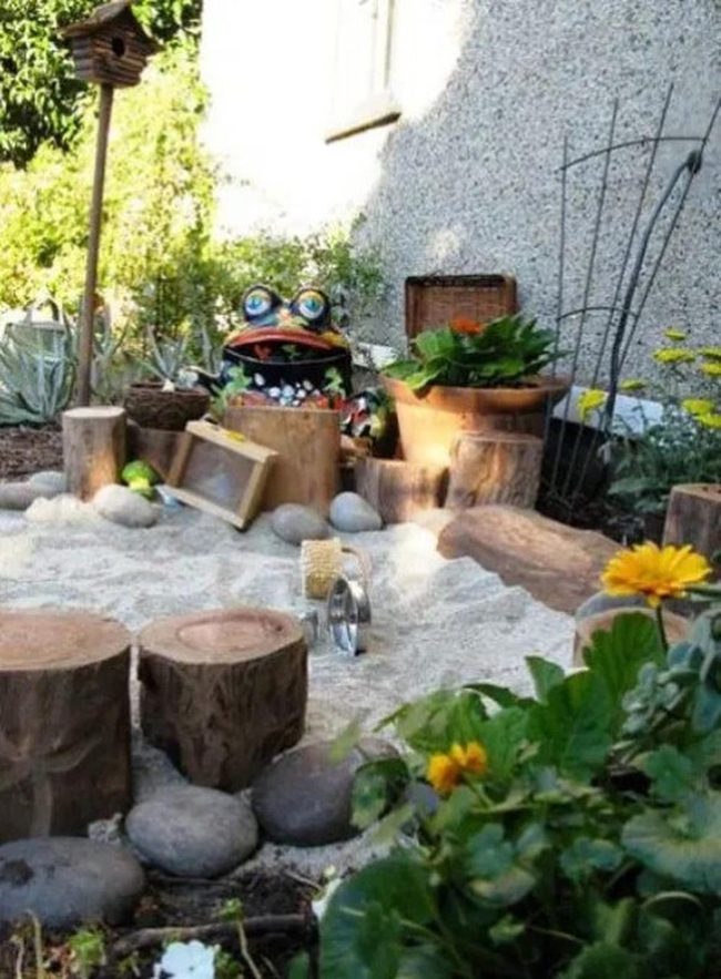 Yellow Flowers Among Tree Stump Seating