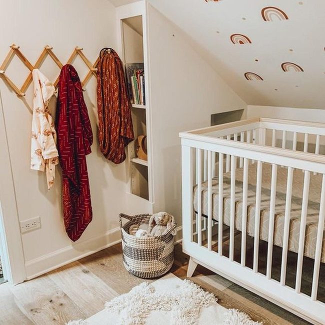 White Crib, Rainbow Walls, Natural Wood