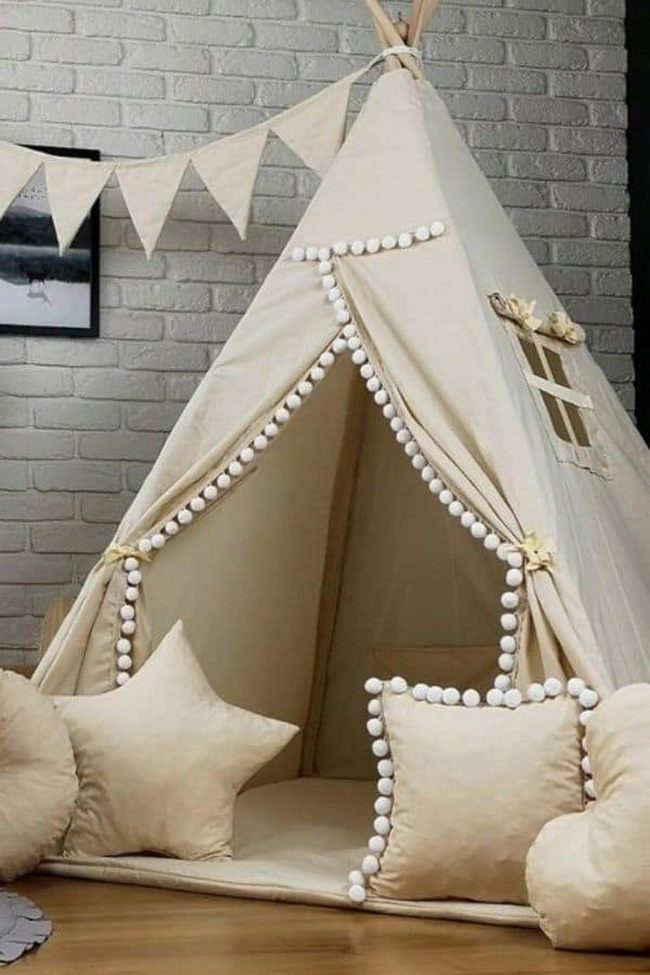 Cream Canvas Teepee With Pom-Poms