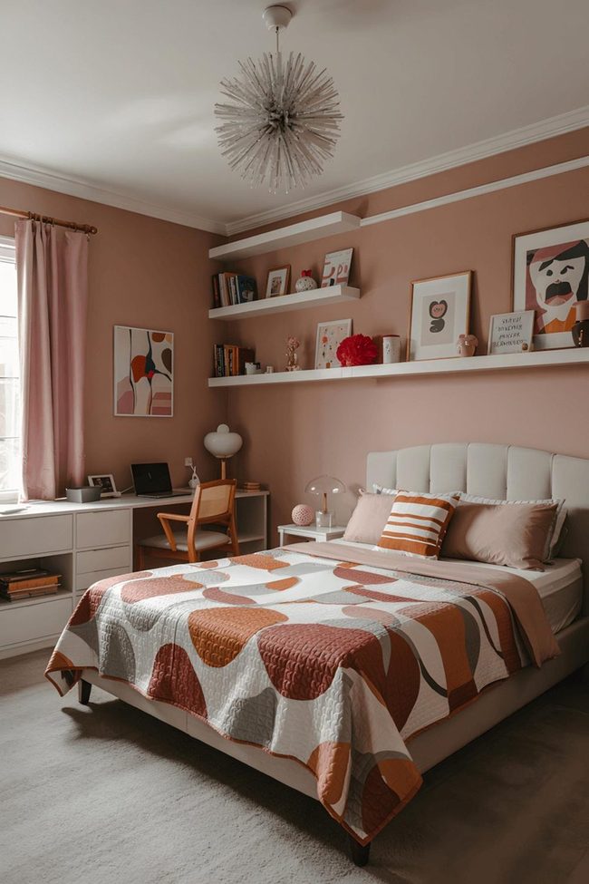 Mauve Walls With Coral Quilted Bedding
