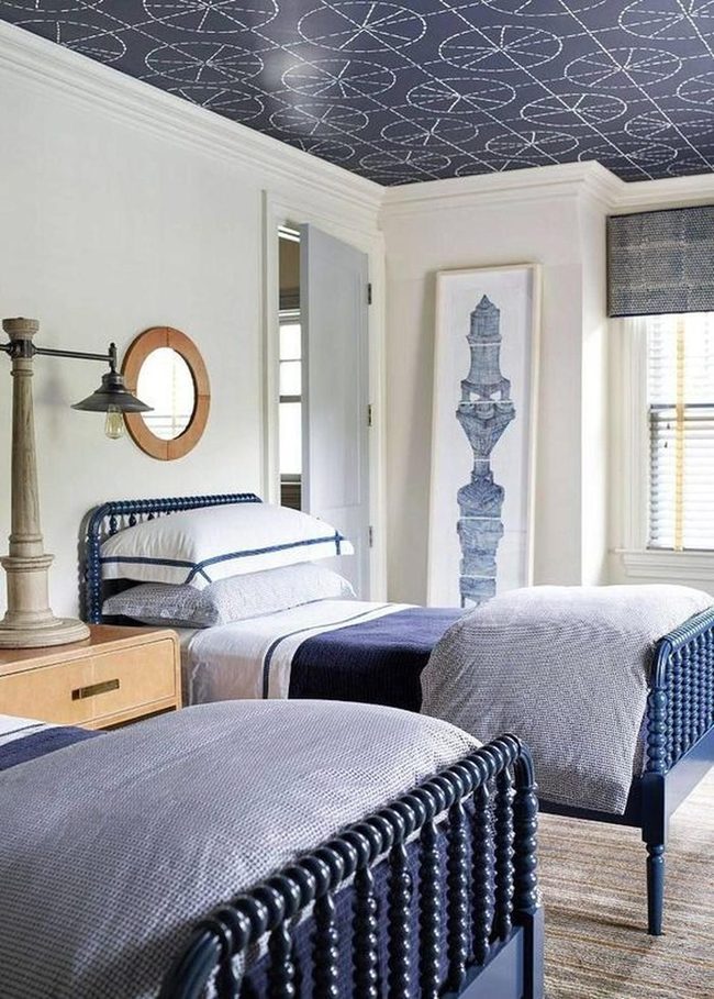 Navy Ceiling Geometry Twin Bedroom