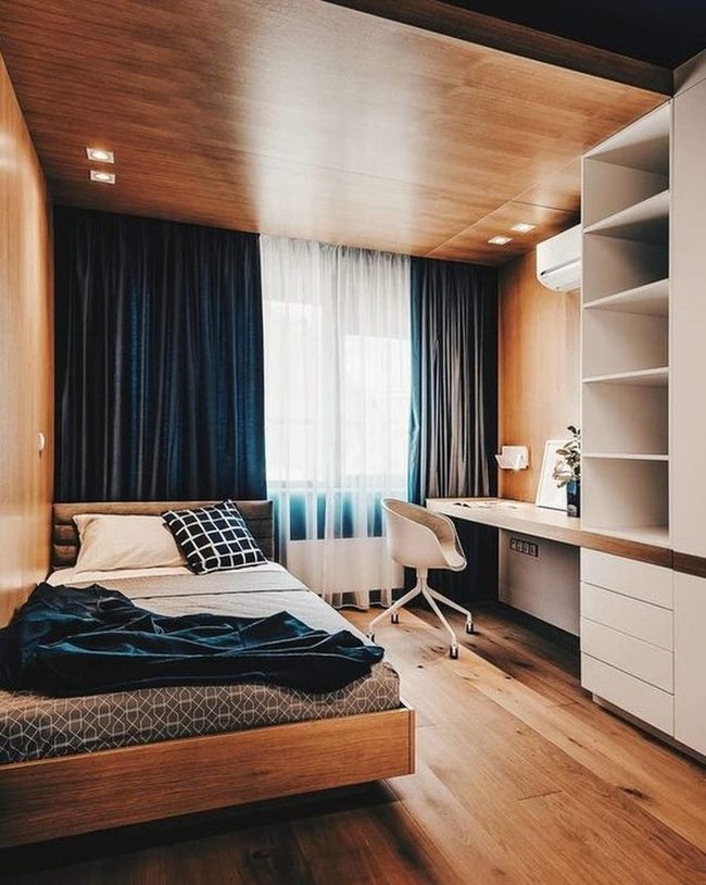 Deep Blue Curtains, Natural Wood Walls