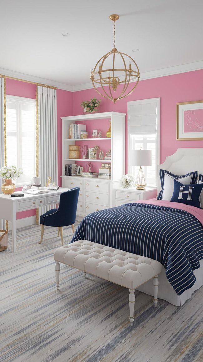 Crisp Navy And Pink Preppy Bedroom