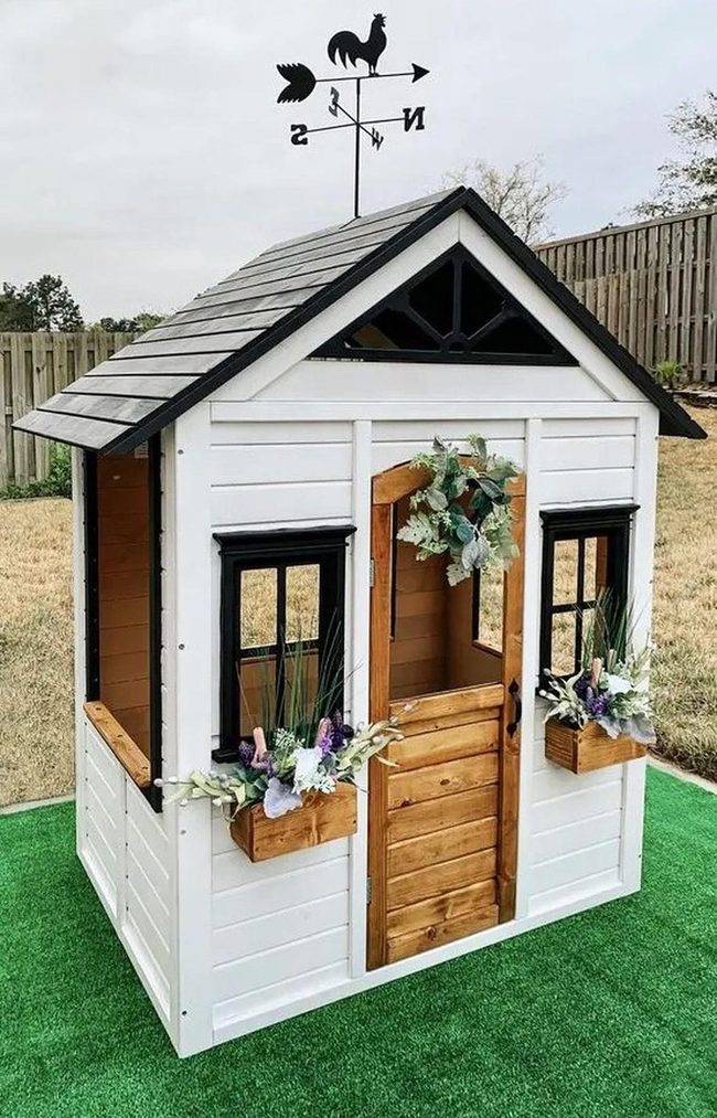 White Playhouse Black Window Trim