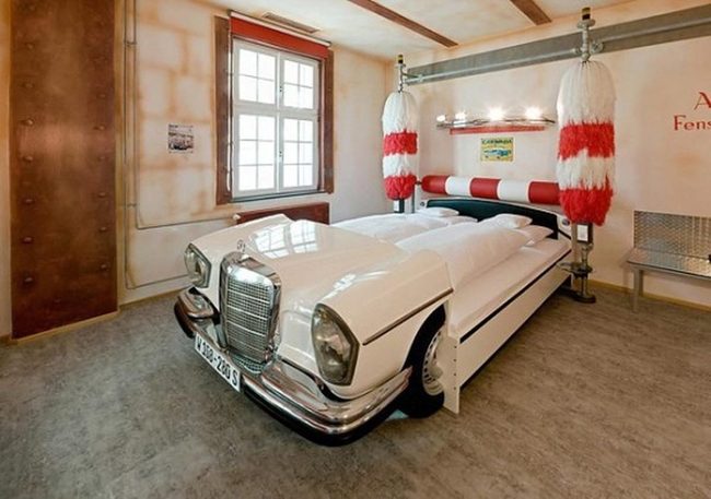 White Mercedes Bed With Red Stripes