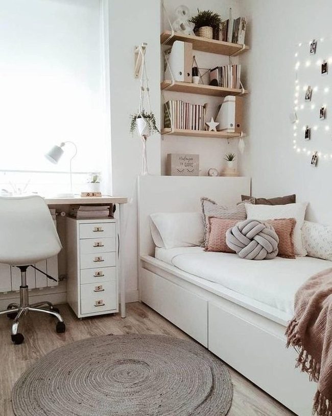 White Walls, String Lights, Pink Accents