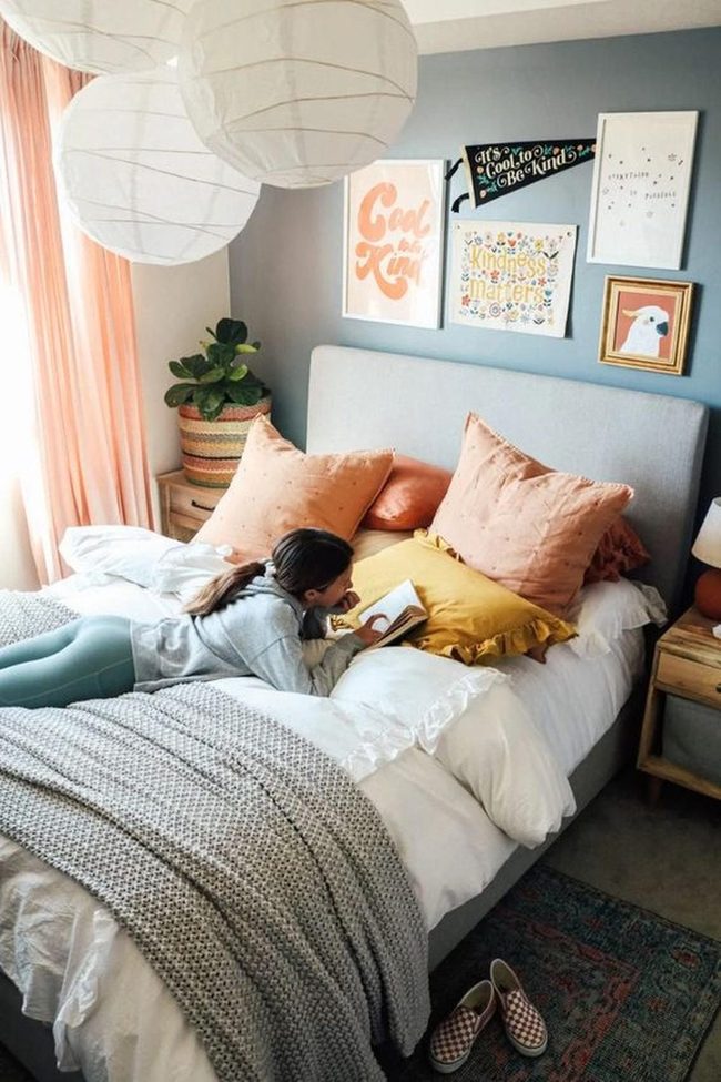 Blue Walls, Orange Pillows, Paper Lanterns