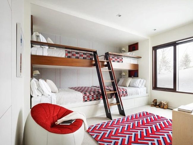 Dark Wood Bunks, Bright Red Rug