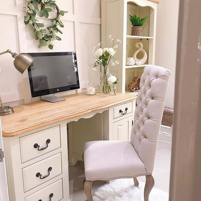 Off-White Desk, Pink Walls, Green Plants