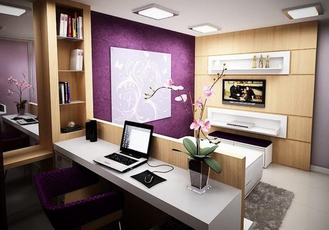 Purple Walls, Wood Accents, Living Workspace