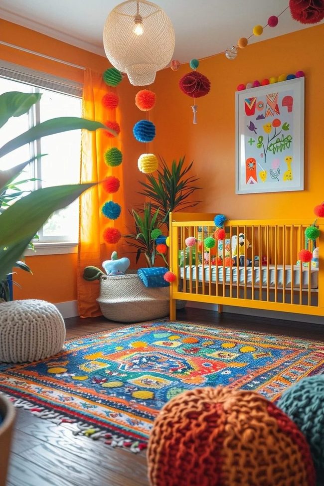 Sunny Yellow Crib, Bright Orange Walls