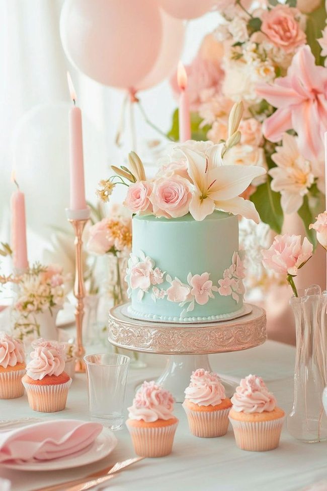Pastel Blue Cake With Florals