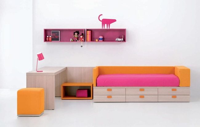 Orange Bed With Pink Storage Shelf