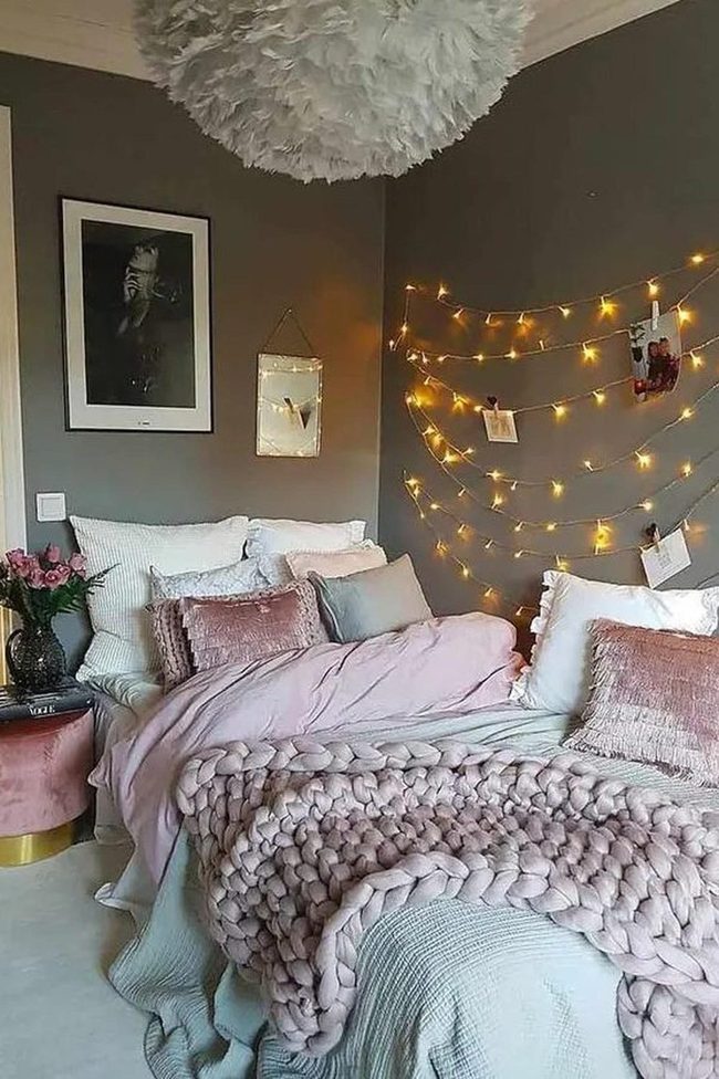 Pink Bedding Dark Gray Walls