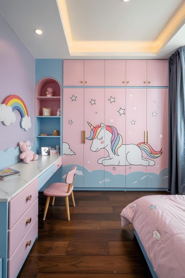 Pastel Unicorn Bedroom With Gold Organization