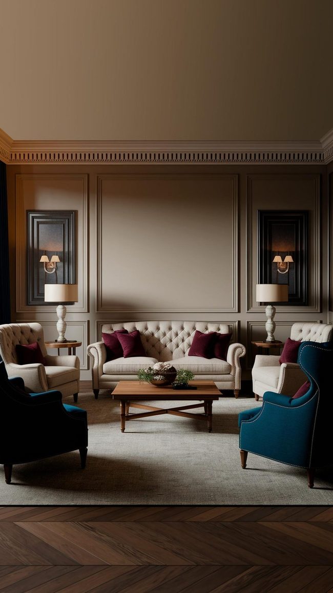 Navy Tufted Sofas With Warm Wood Tones