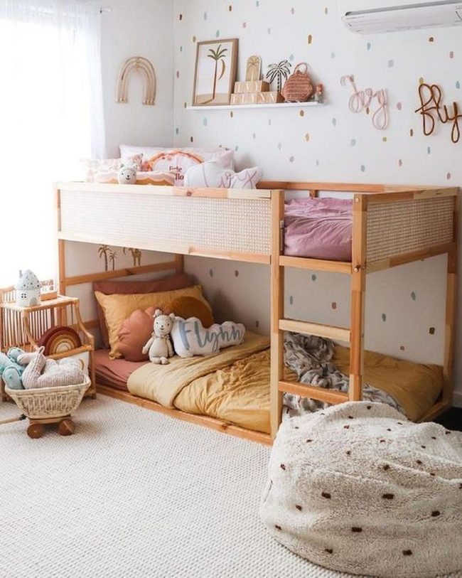 Natural Wood Bunk Beds, Polka Dot Walls