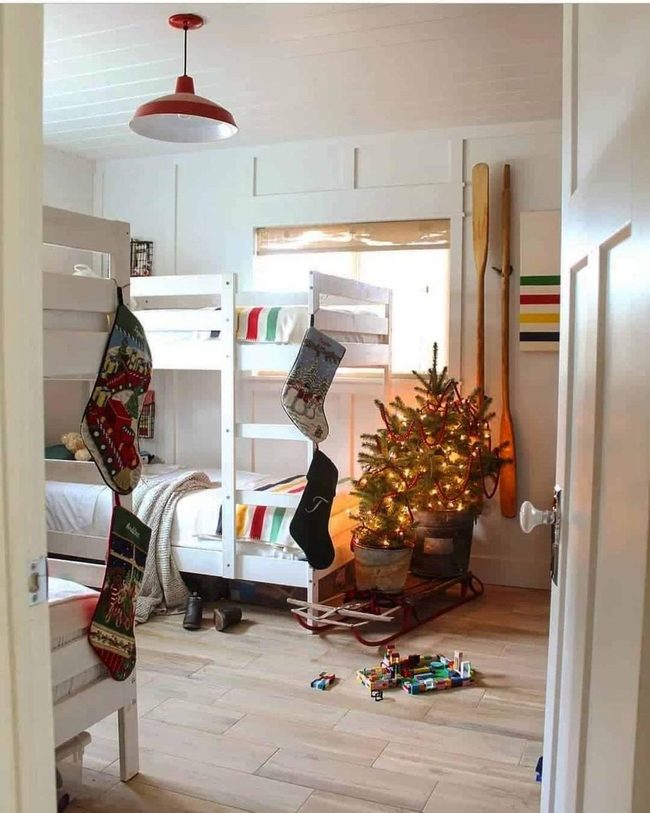 White Bunk Beds, Red Pendant Statement