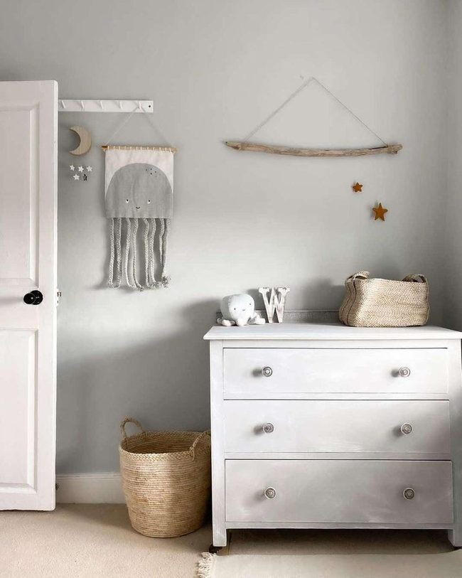 Gray Dresser With Woven Storage