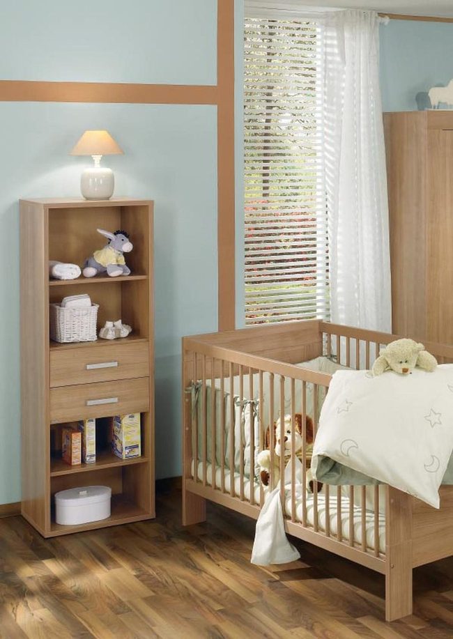 Soft Blue Nursery With Wood