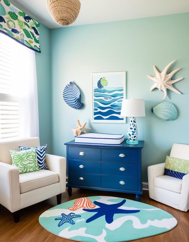 Blue-Green Underwater Nursery with Sea Creatures