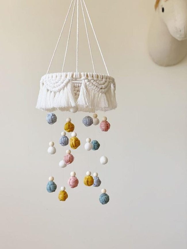 Cream Yarn Mobile With Pastel Spheres