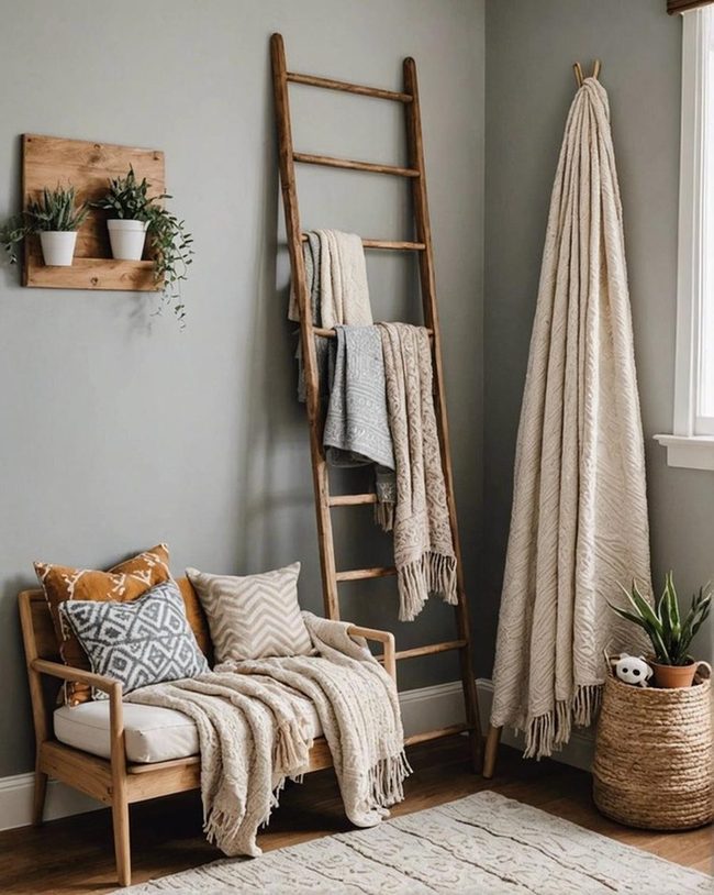 Wooden Ladder Blanket Display