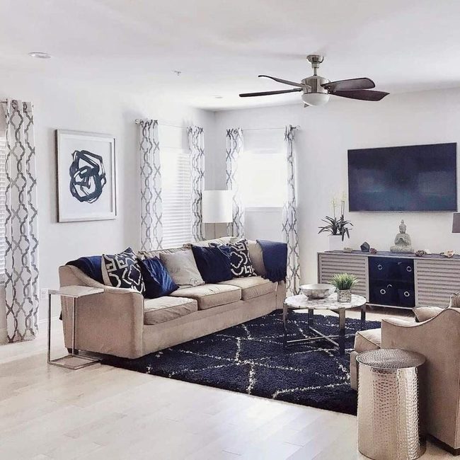 Dark Blue Rug Grounds Neutral Space