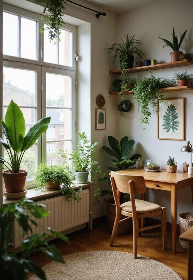 Green Walls And Wooden Shelves Together