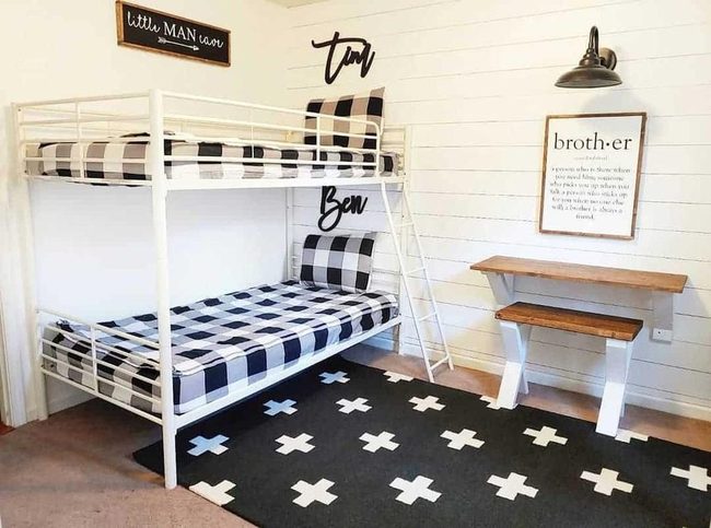 White Metal Beds, Geometric Rug