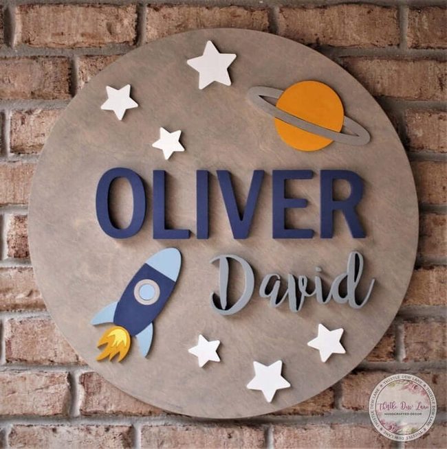 Dark Wood Rocket Ship Name Sign